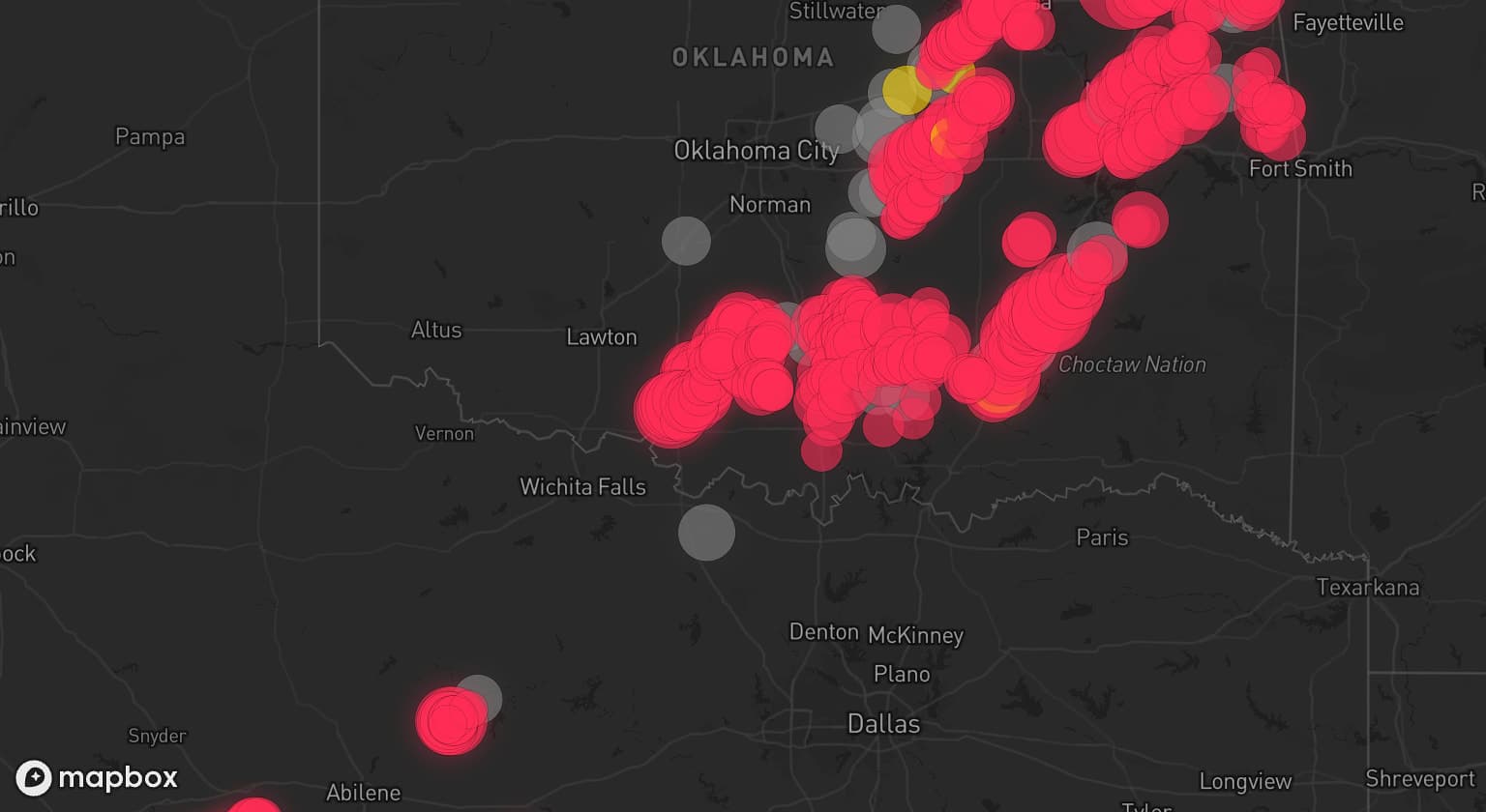 Storm map for 39 areas across Texas, Oklahoma, and Arkansas
