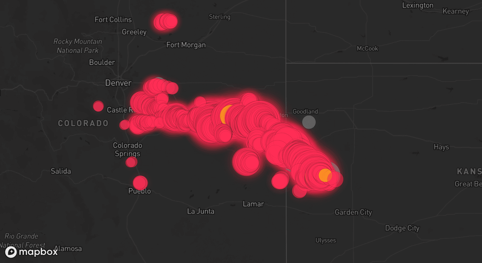 Storm map for 15 areas across Colorado and Kansas