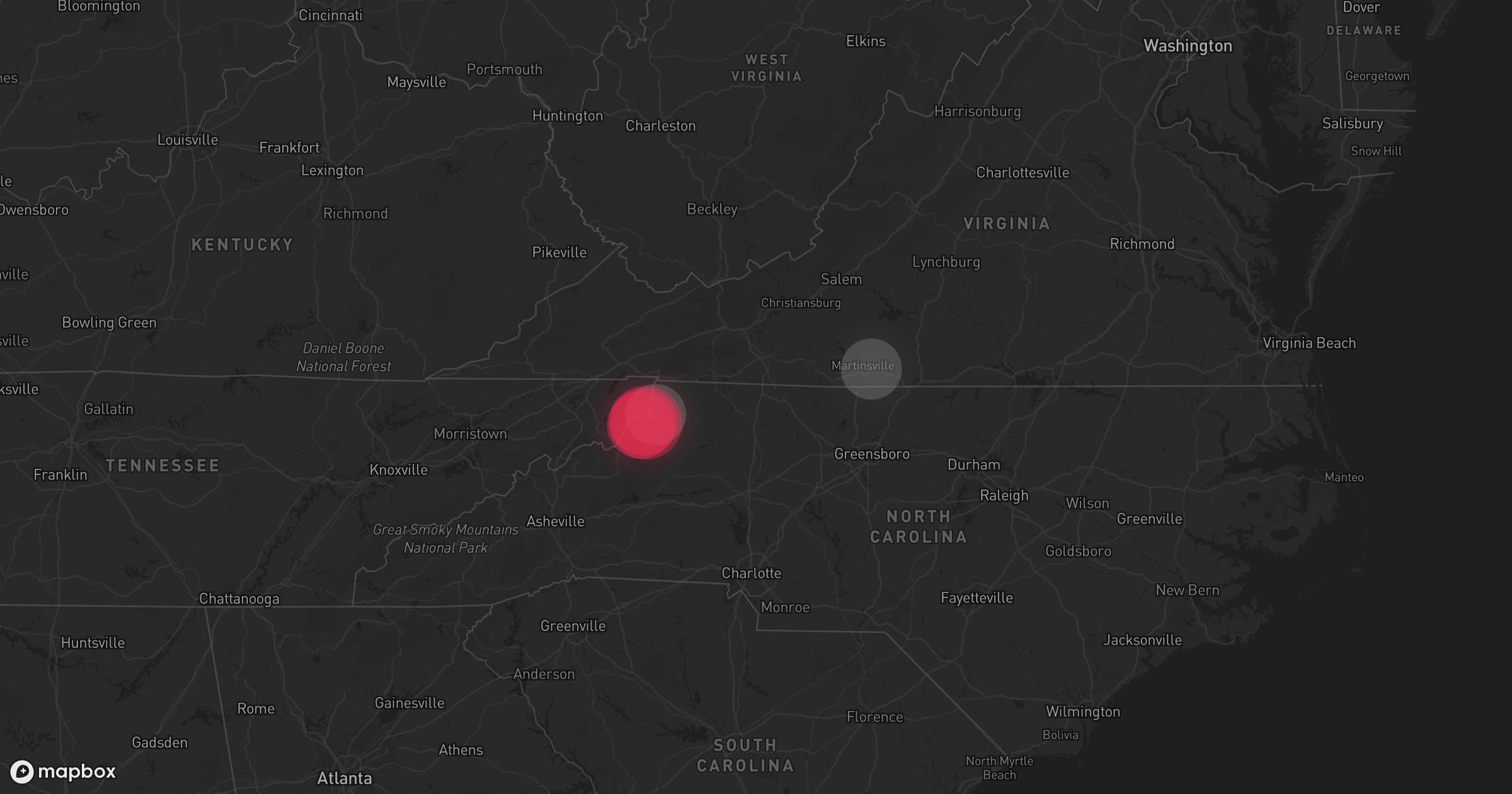 Storm map for 4 areas across Virginia, Tennessee, and North Carolina