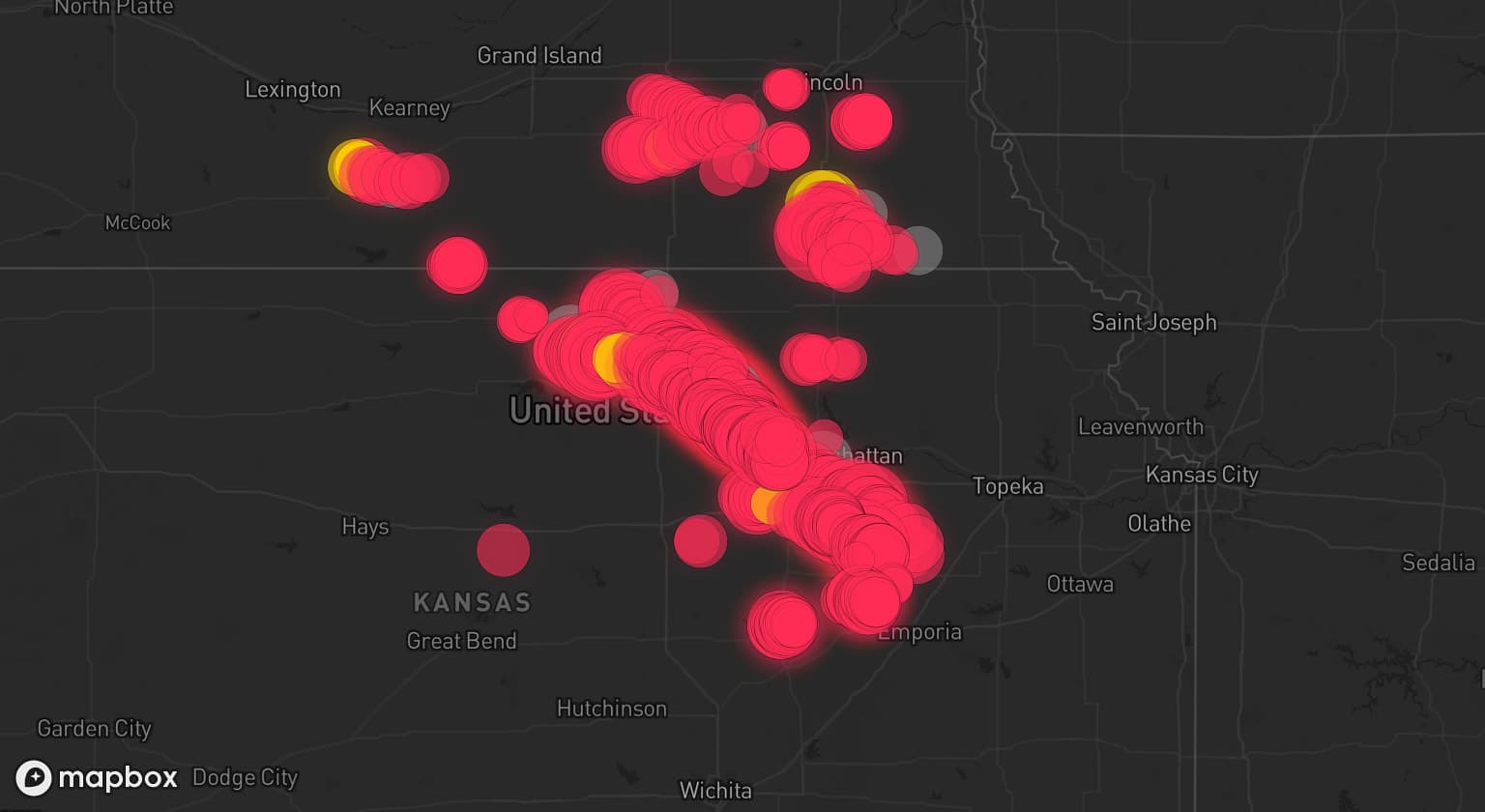 Storm map for 15 areas across Kansas and Nebraska