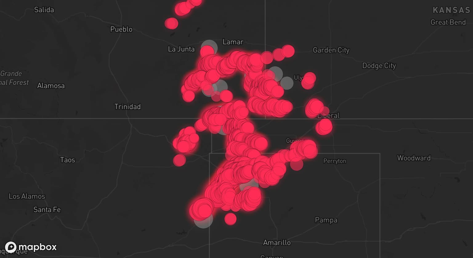 Storm map for 11 areas across Oklahoma, Texas, New Mexico, Colorado, and Kansas