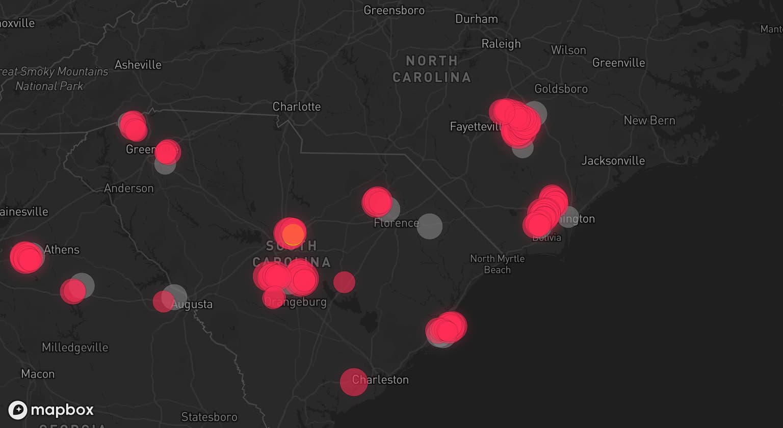 Storm map for 14 areas across Georgia, North Carolina, and South Carolina