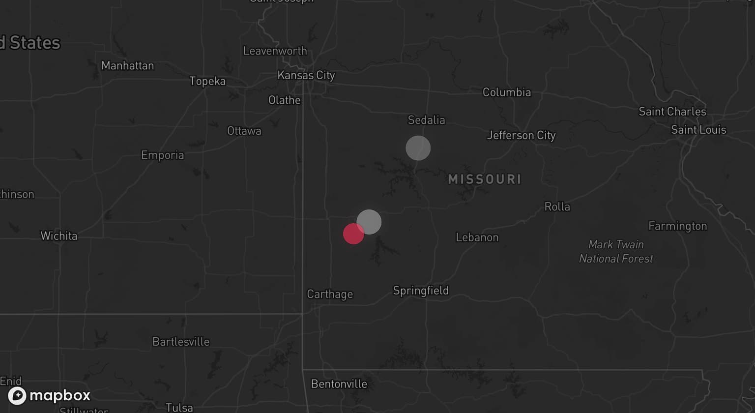 Storm map for 2 areas across Missouri
