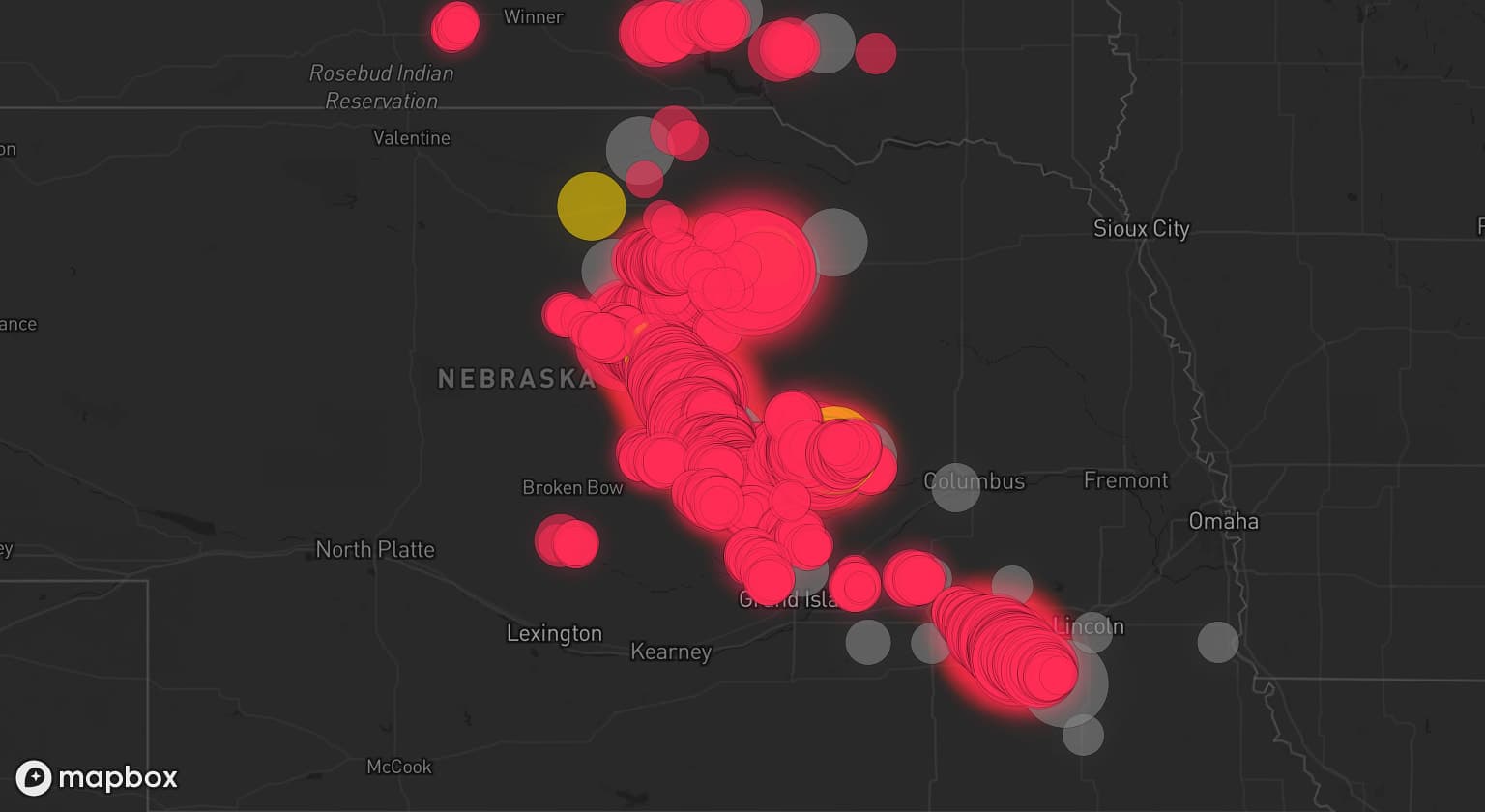 Storm map for 30 areas across Nebraska and South Dakota