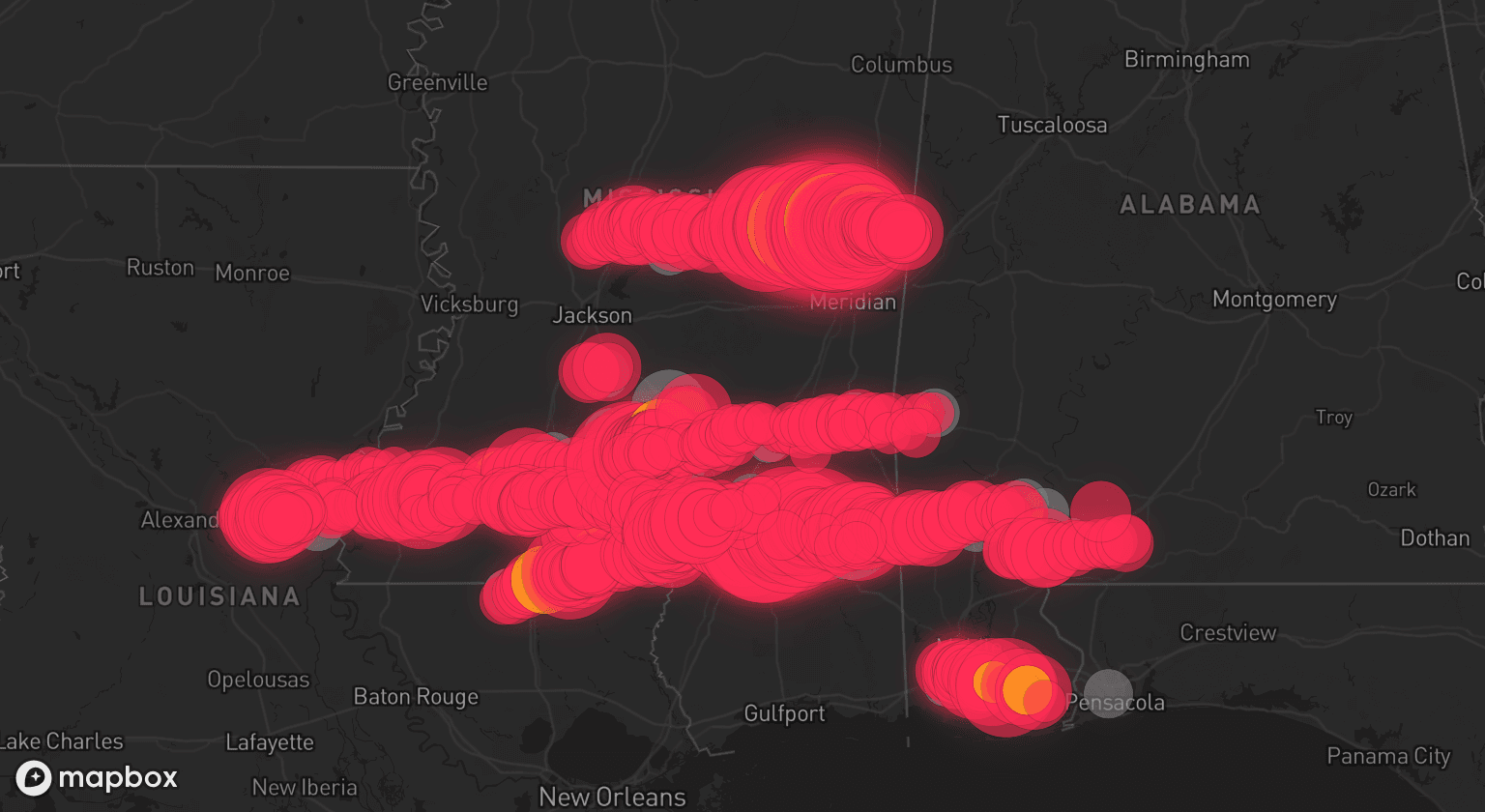 Storm map for 40 areas across Mississippi, Alabama, Louisiana, and Florida