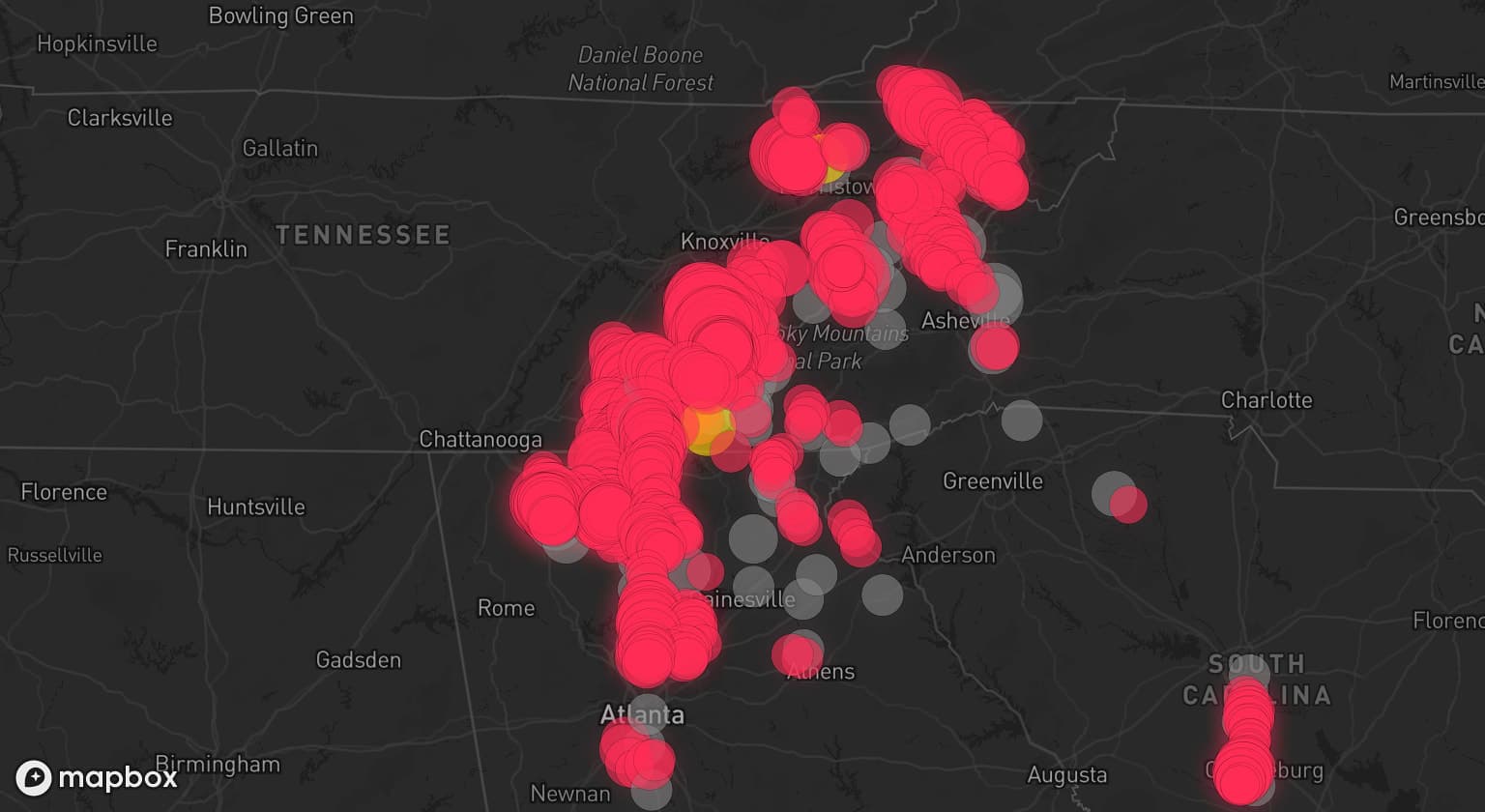 Storm map for 52 areas across North Carolina, Tennessee, Georgia, and South Carolina