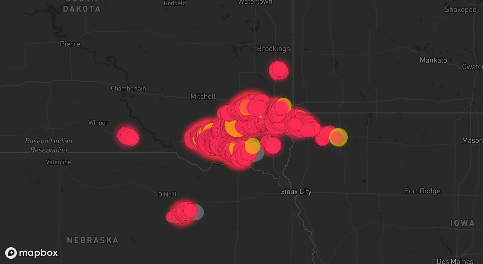 Storm map for 16 areas across South Dakota, Iowa, and Nebraska