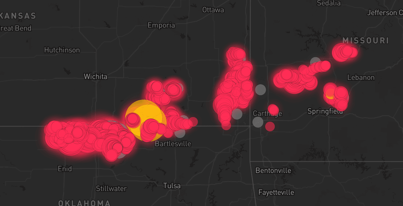 Storm map for 24 areas across Oklahoma, Kansas, and Missouri