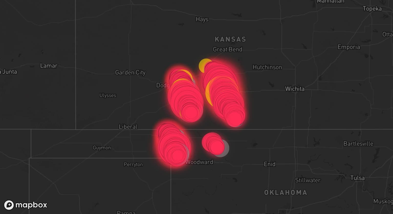 Storm map for 15 areas across Kansas and Oklahoma