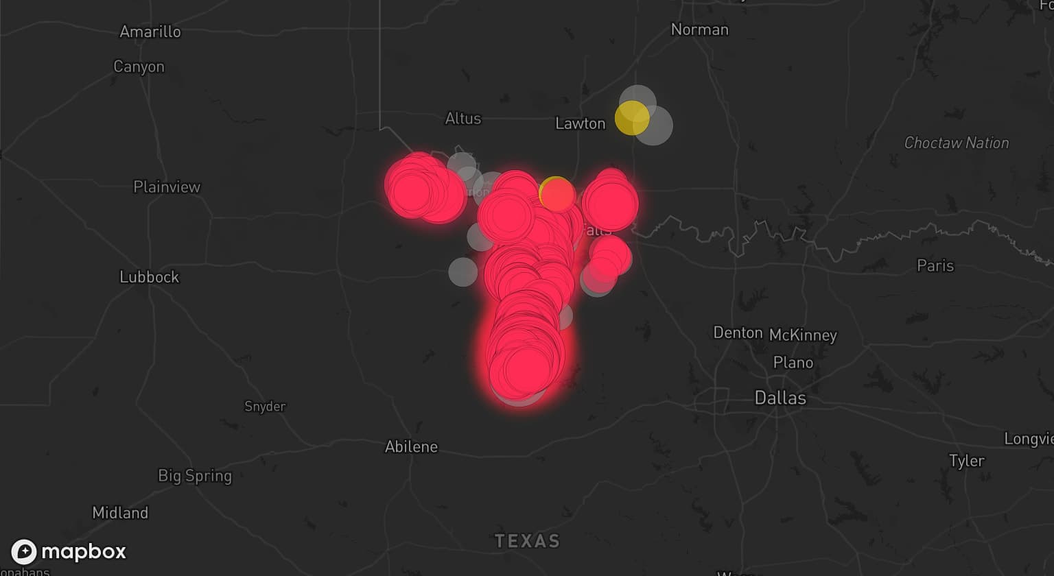 Storm map for 13 areas across Texas and Oklahoma