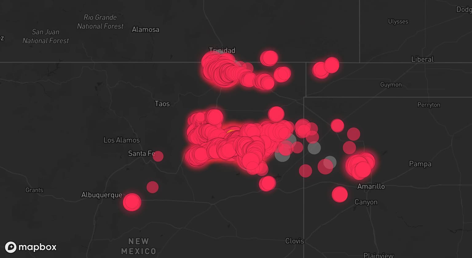 Storm map for 11 areas across New Mexico, Colorado, and Texas