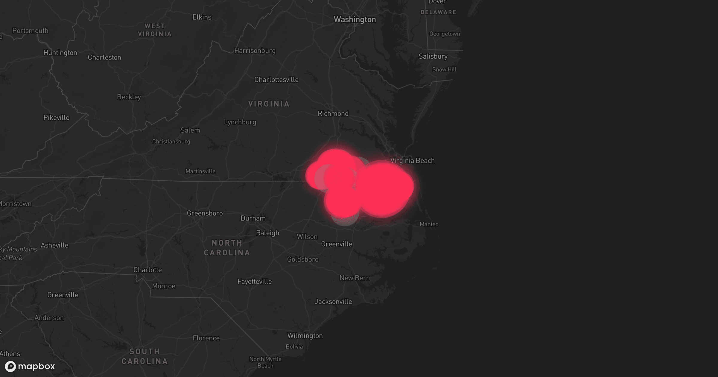 Storm map for 10 areas across Virginia and North Carolina