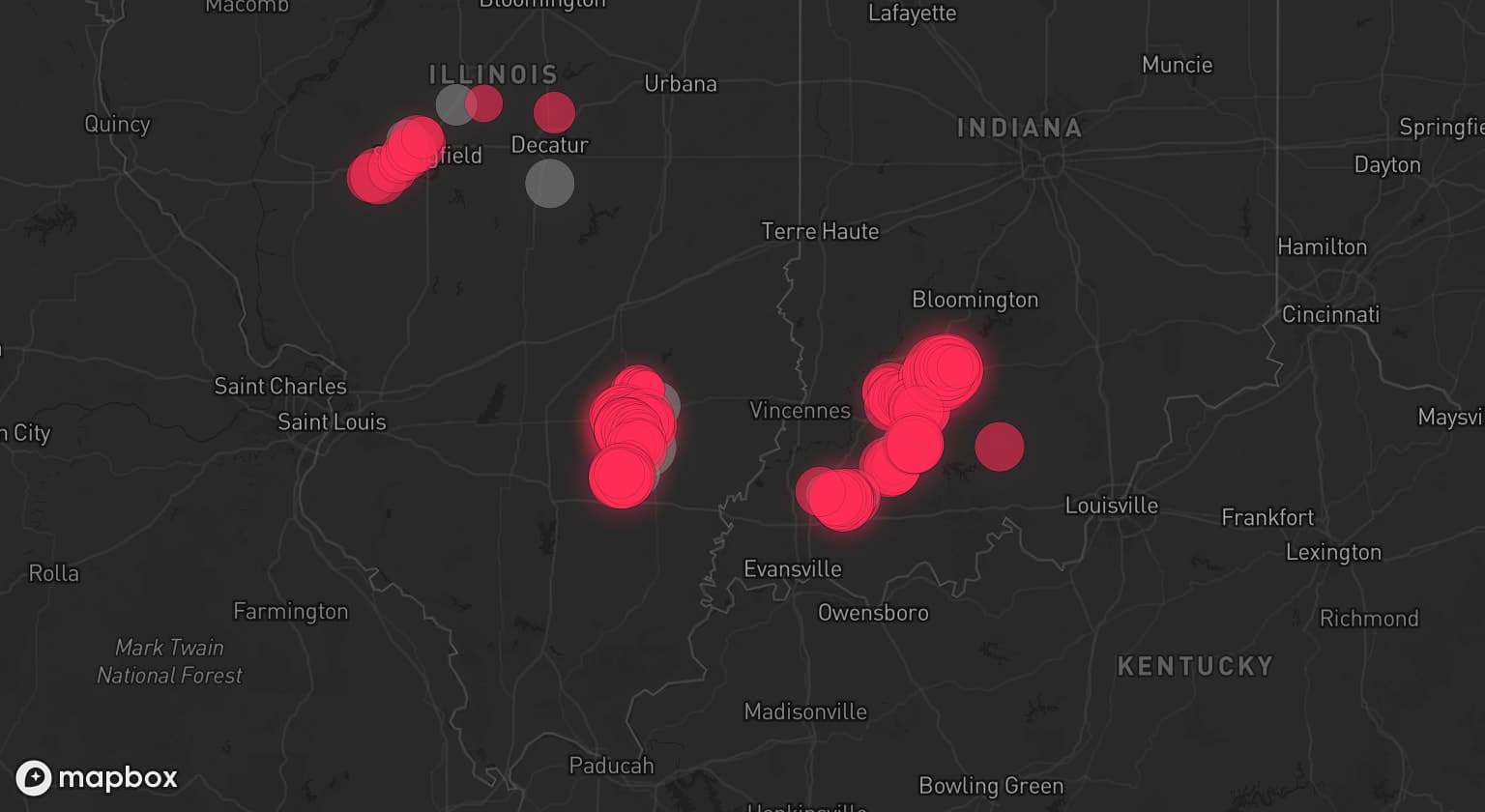 Storm map for 10 areas across Illinois and Indiana