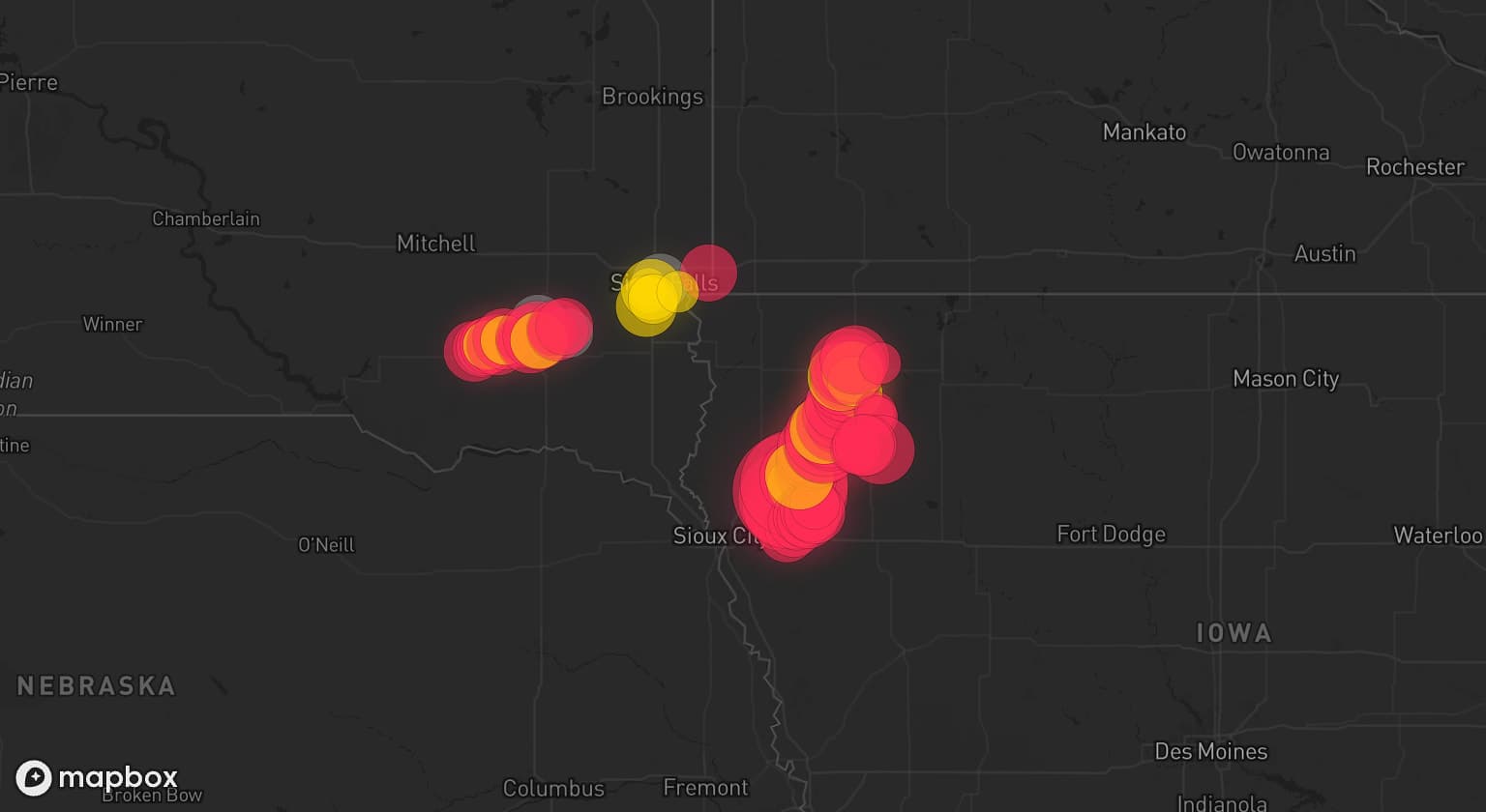 Storm map for 6 areas across South Dakota and Iowa