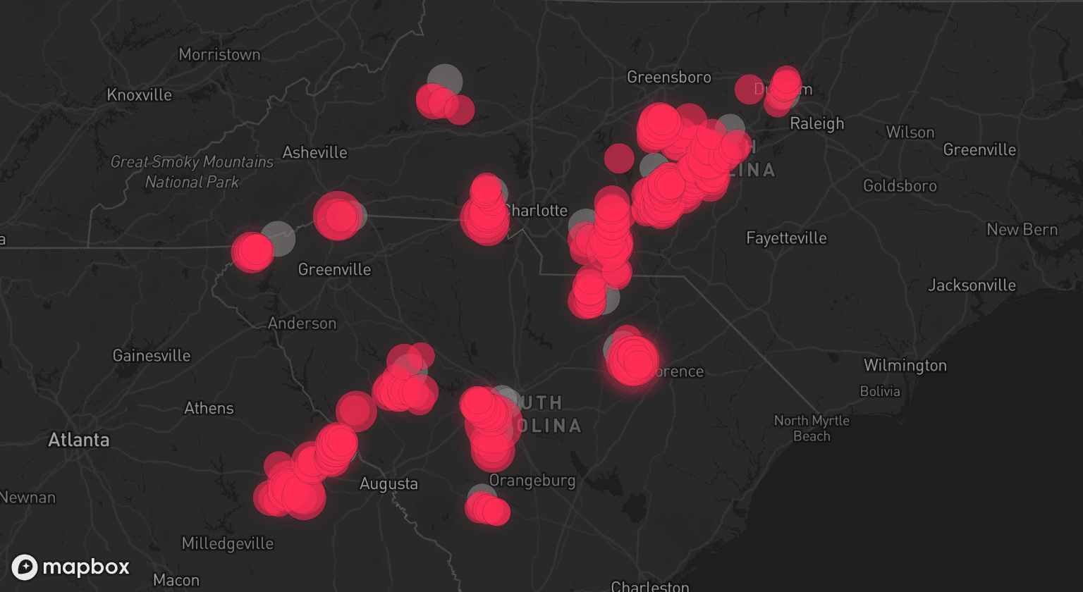 Storm map for 19 areas across South Carolina, North Carolina, and Georgia