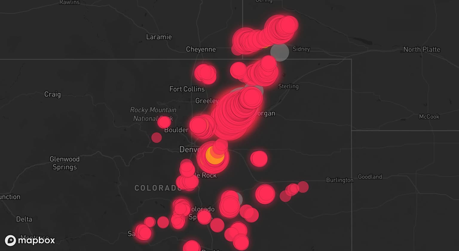 Storm map for 10 areas across Colorado and Nebraska