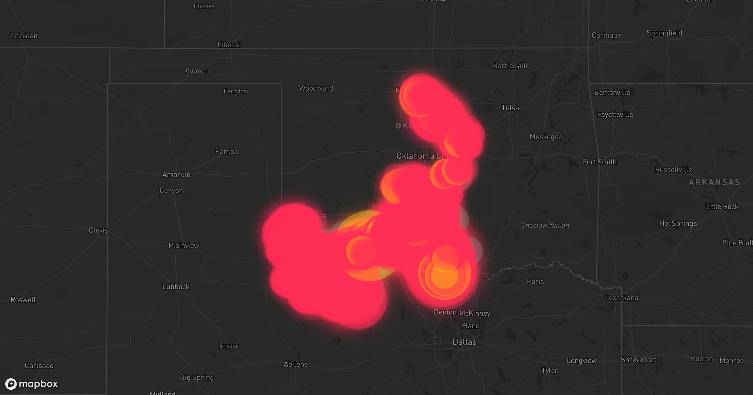 Storm map for 63 areas across Oklahoma and Texas