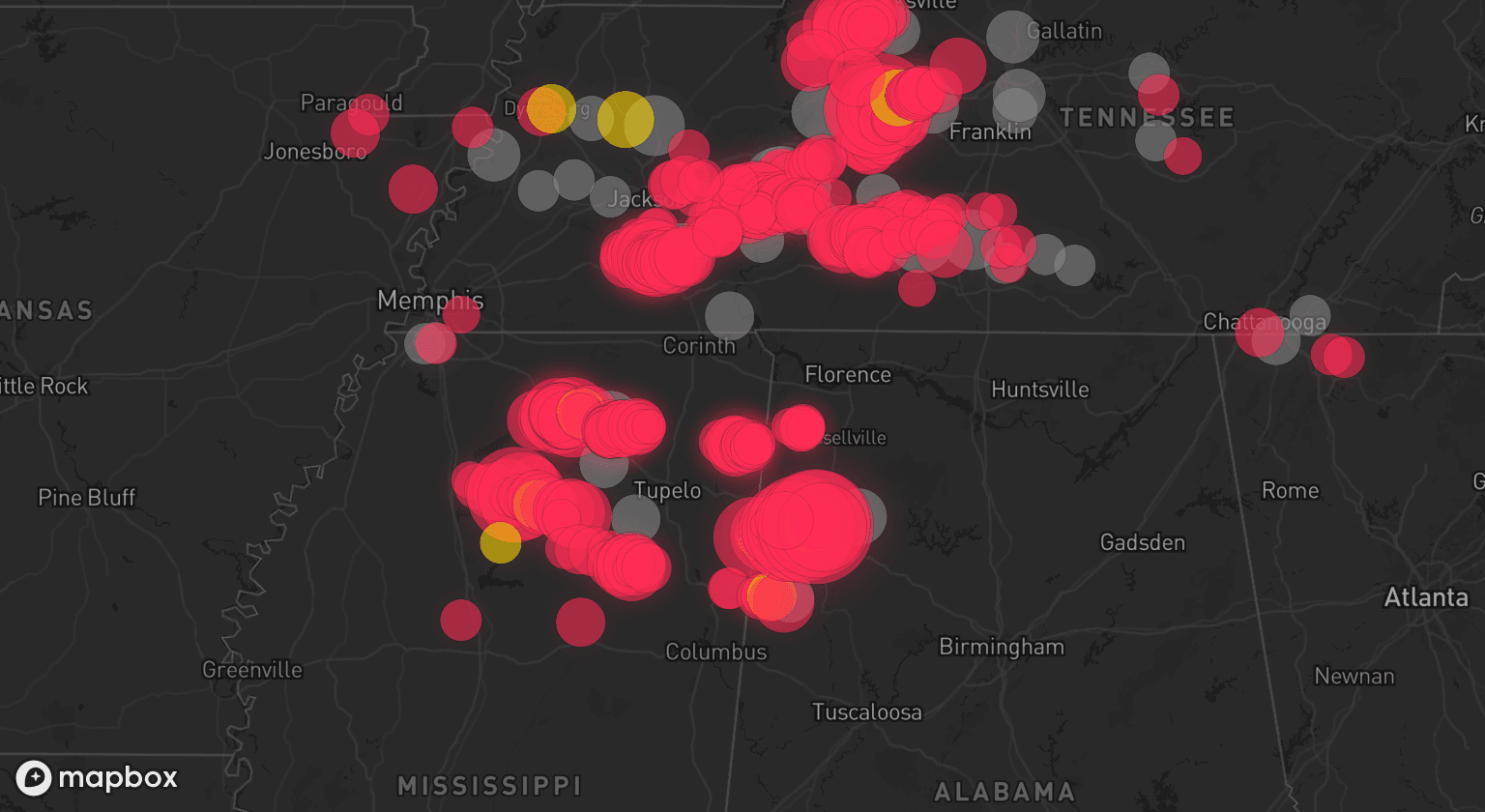 Storm map for 41 areas across Alabama, Tennessee, Mississippi, Georgia, and Kentucky