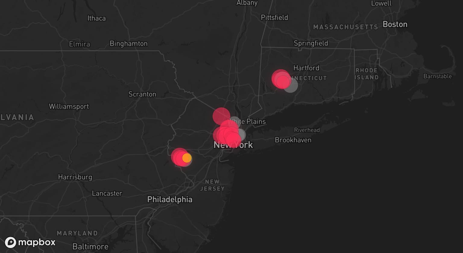 Storm map for 6 areas across New Jersey, Connecticut, and New York