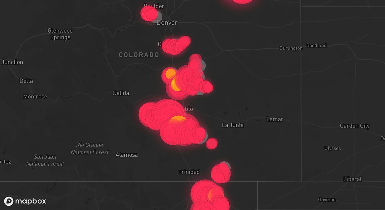 Storm map for 19 areas across Colorado and New Mexico
