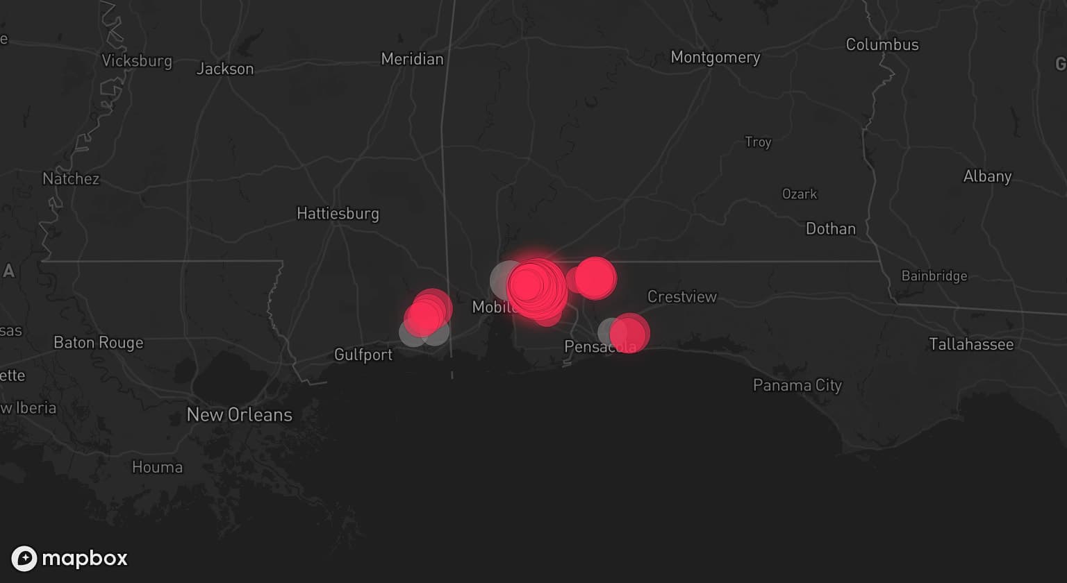 Storm map for 4 areas across Alabama, Florida, and Mississippi