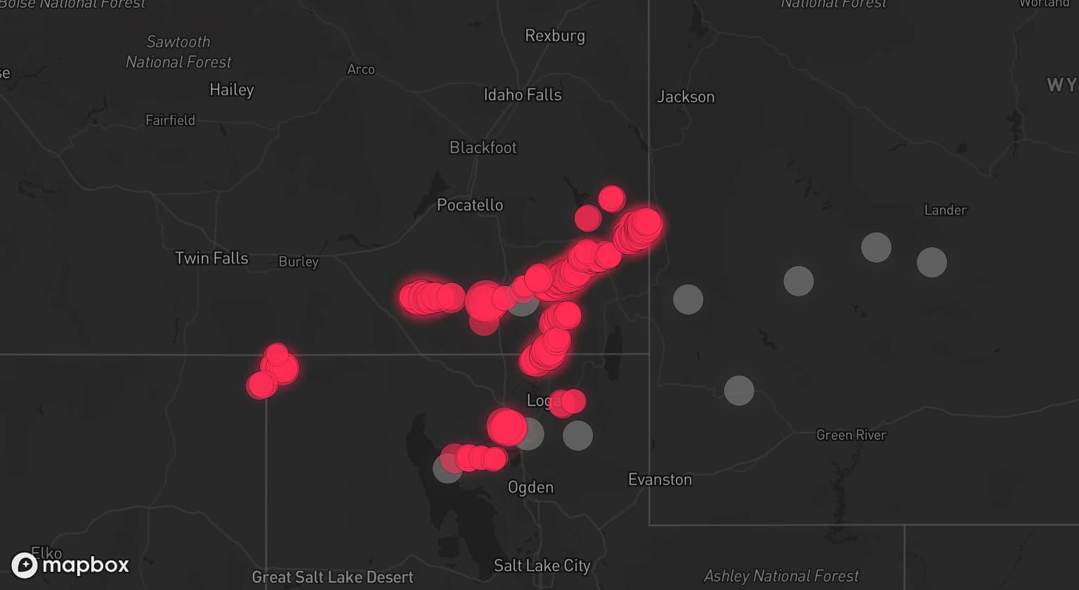 Storm map for 9 areas across Idaho, Utah, and Wyoming