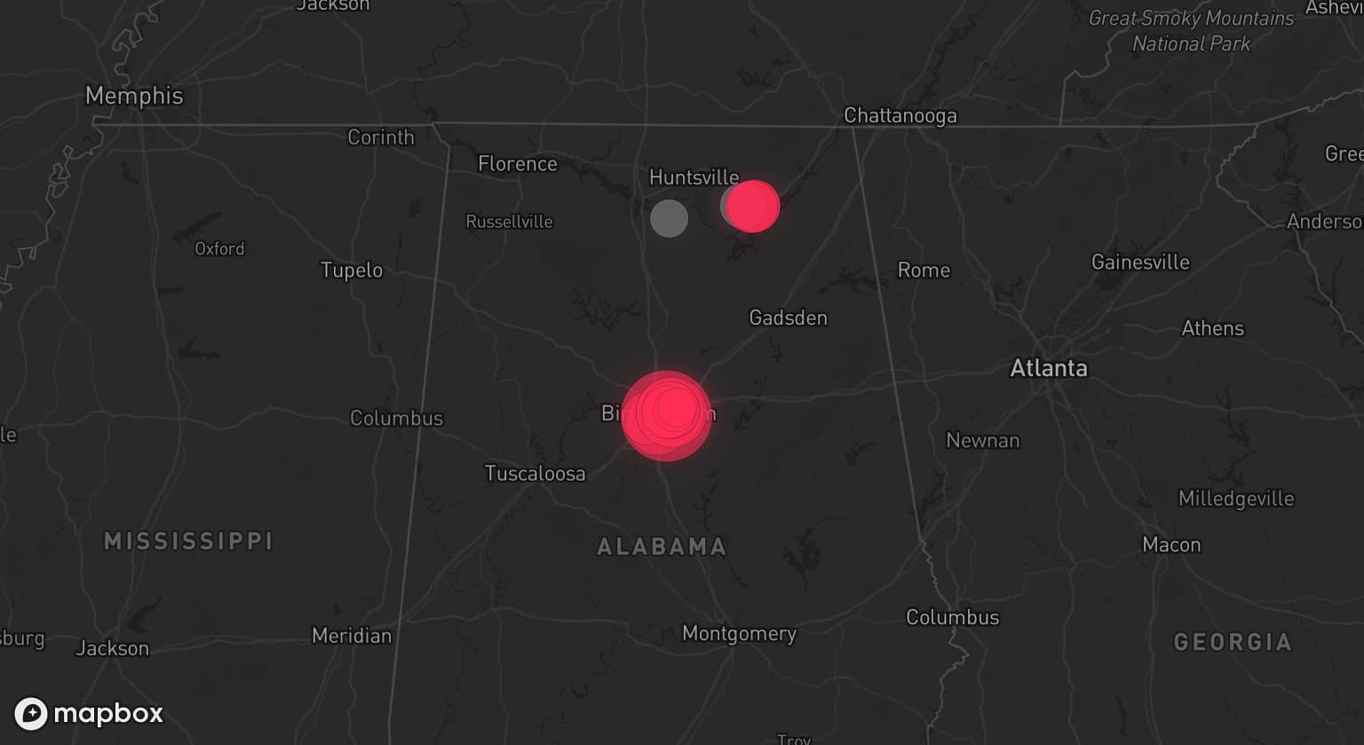 Storm map for 3 areas across Alabama