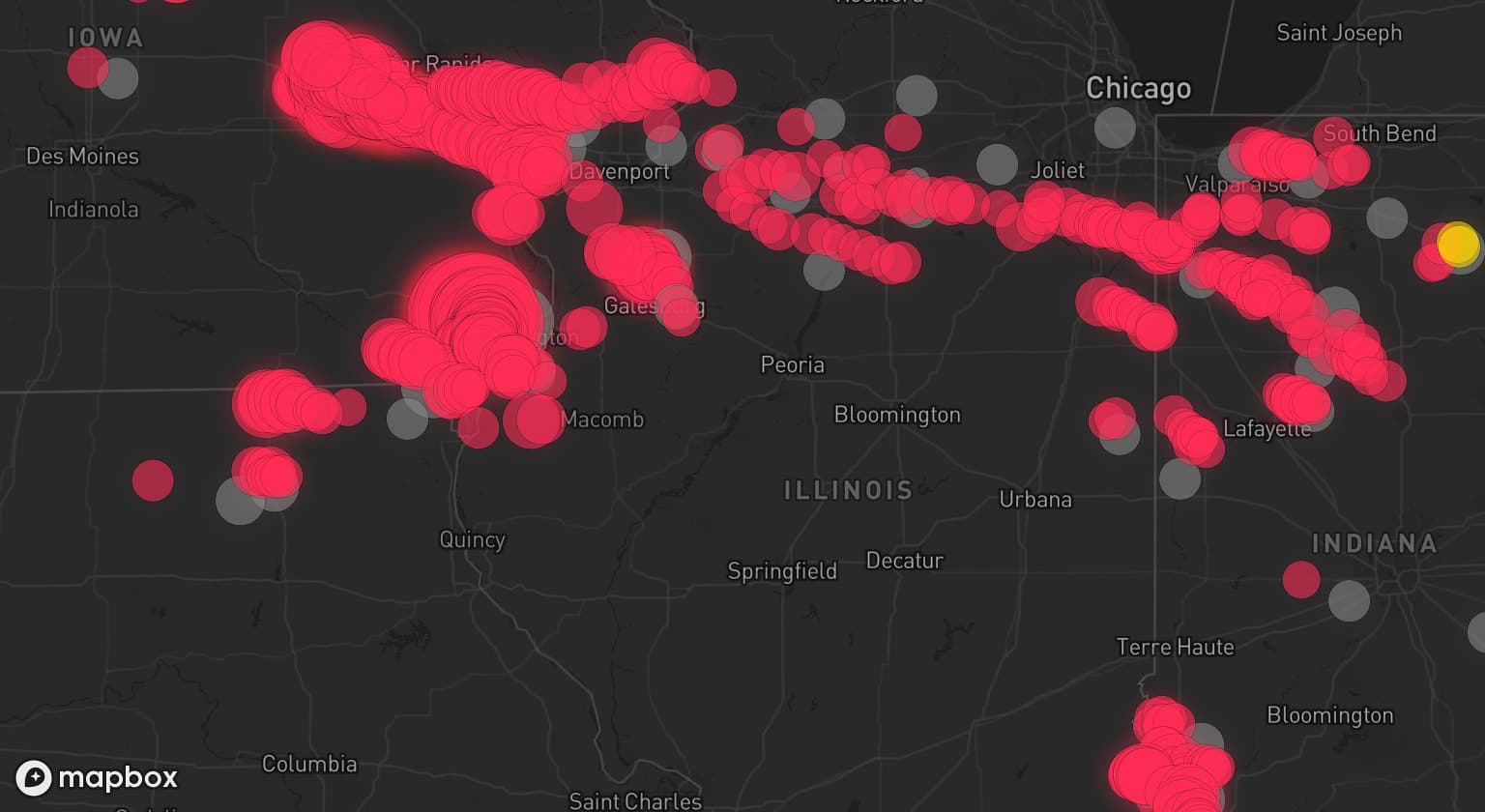 Storm map for 65 areas across Iowa, Indiana, Illinois, Kentucky, Missouri, and Tennessee