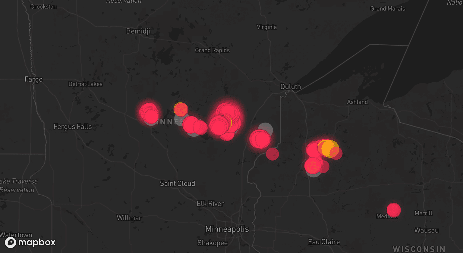 Storm map for 7 areas across Minnesota and Wisconsin