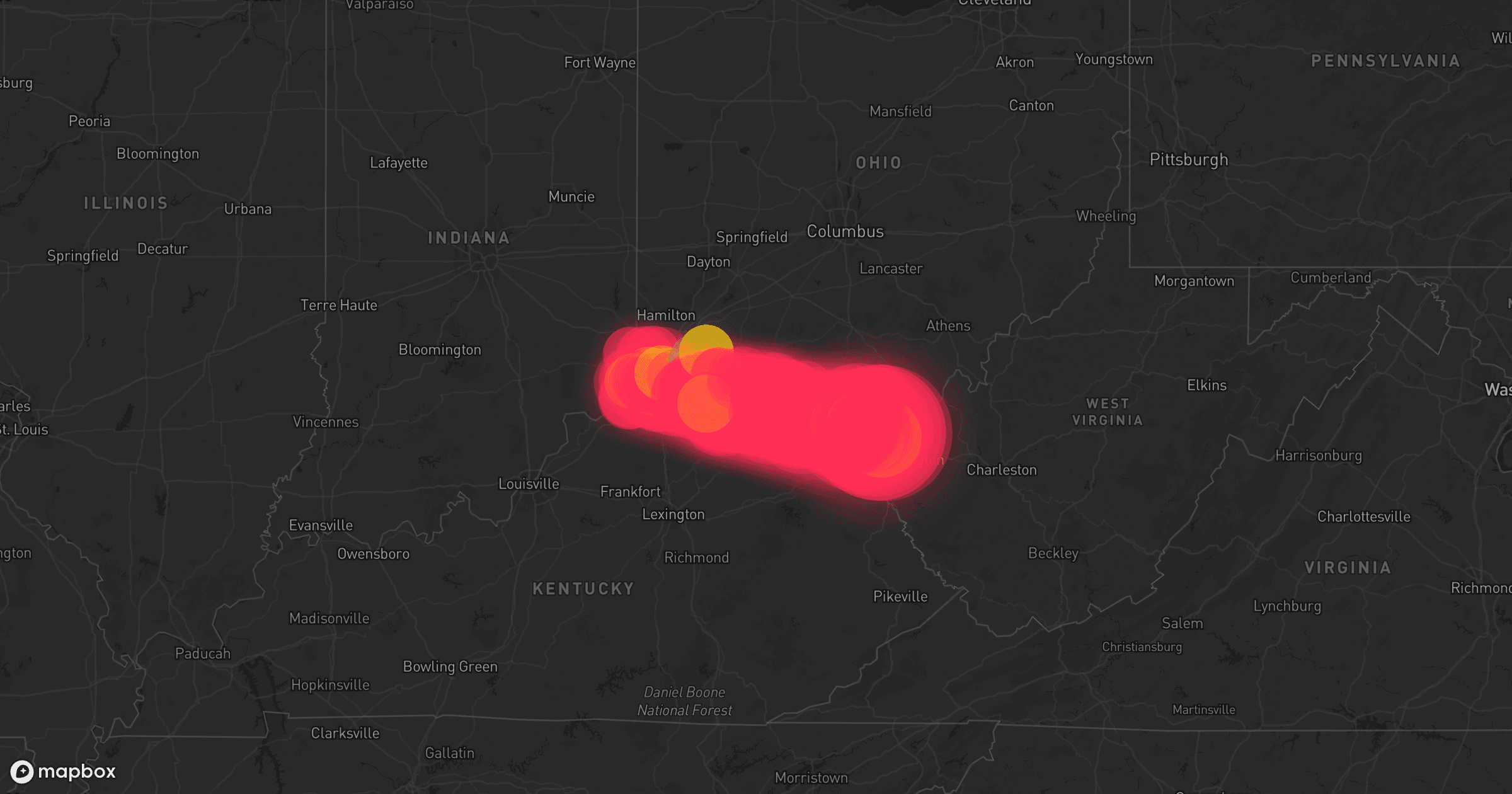 Storm map for 39 areas across West Virginia, Kentucky, Ohio, and Virginia