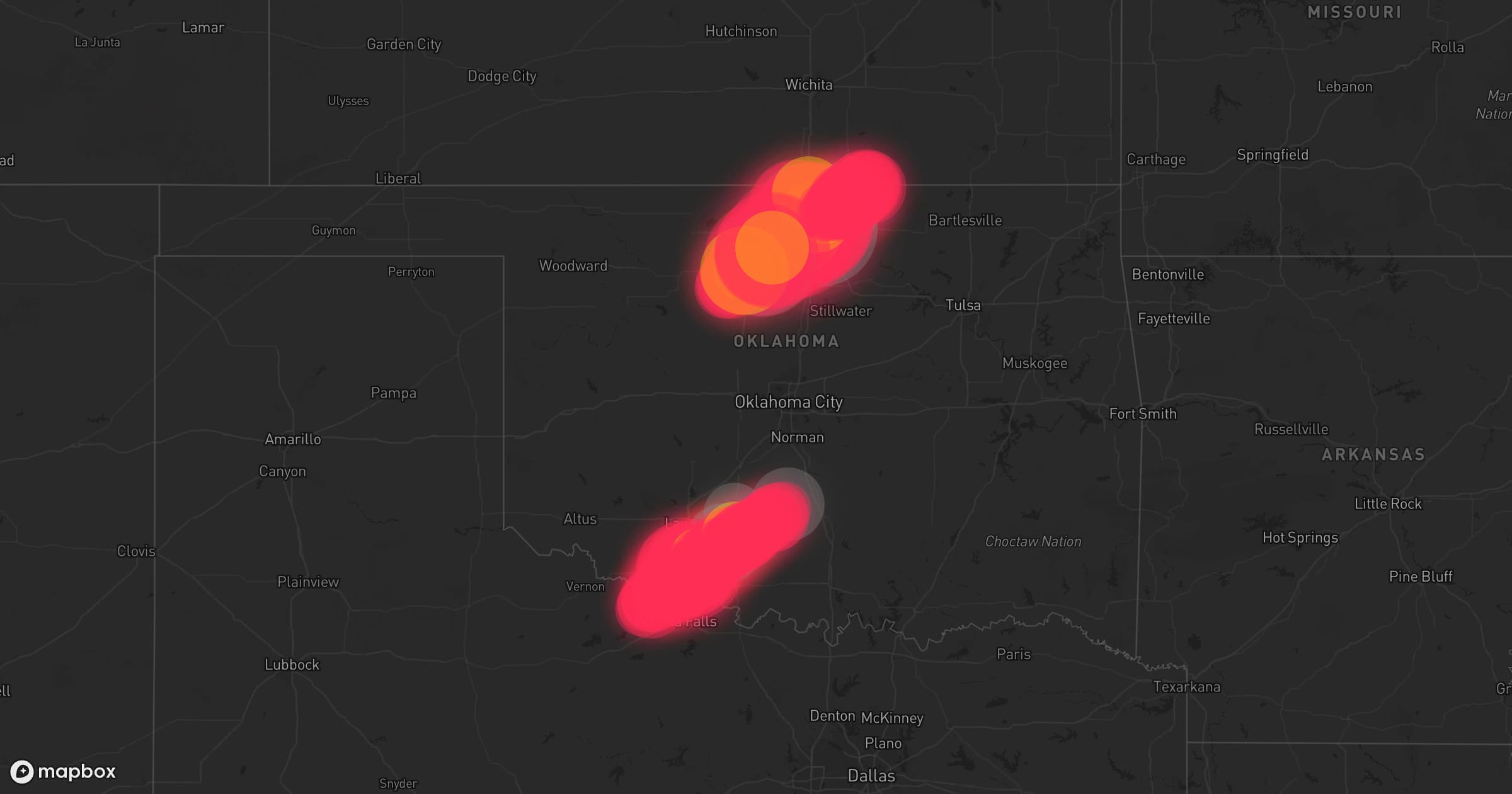 Storm map for 59 areas across Oklahoma, Kansas, Nebraska, and Iowa
