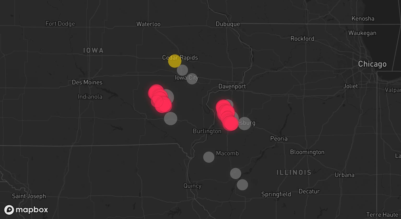 Storm map for 10 areas across Illinois and Iowa