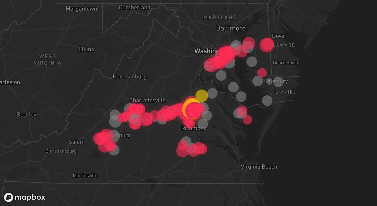 Storm map for 30 areas across Virginia and Maryland