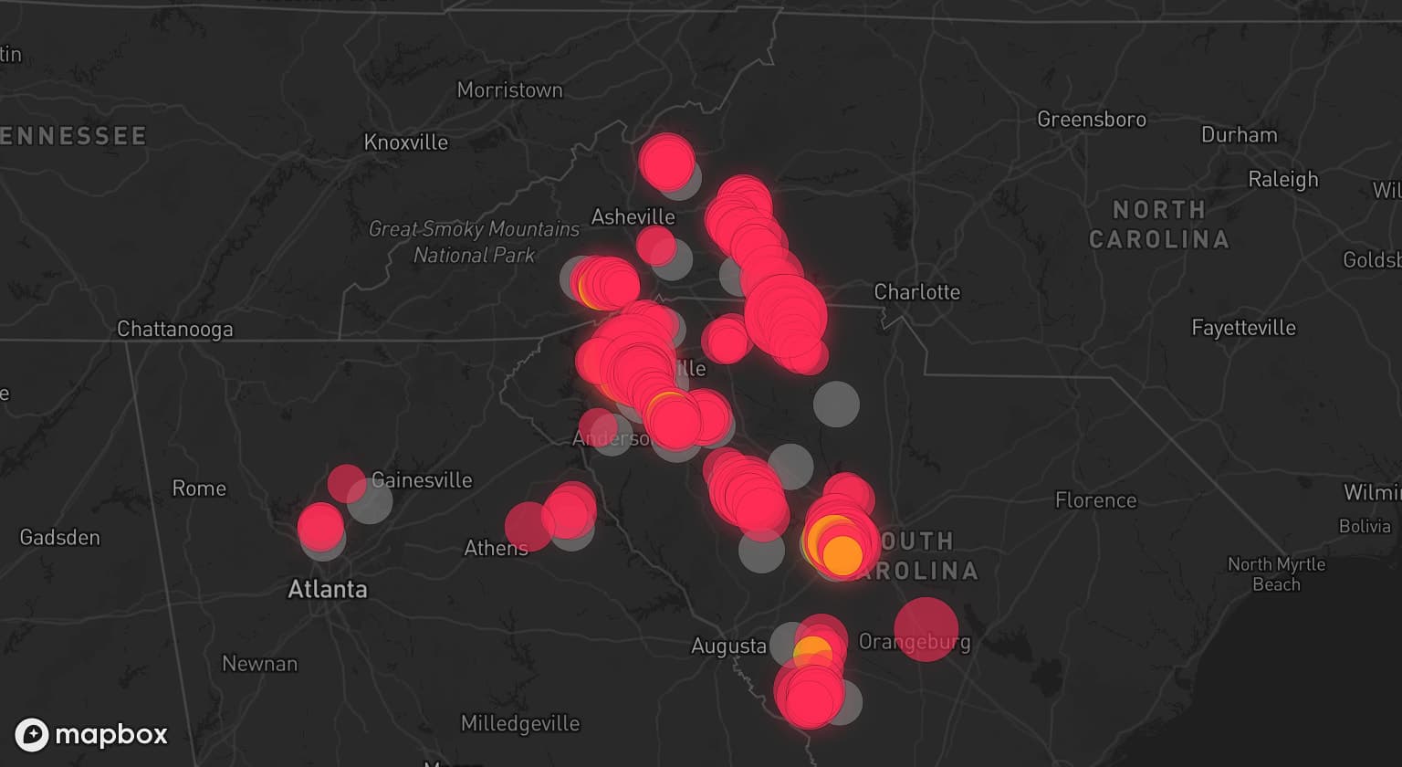 Storm map for 23 areas across South Carolina, Georgia, and North Carolina