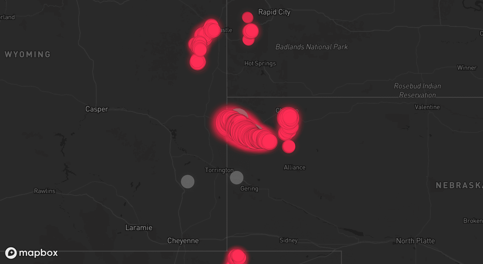 Storm map for 3 areas across Nebraska and Wyoming