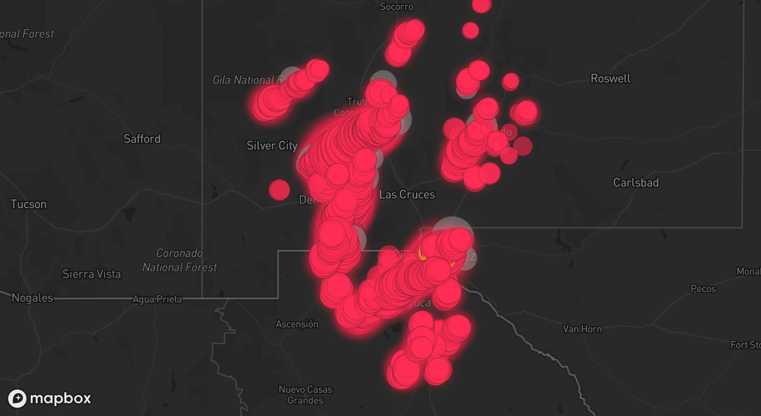 Storm map for 15 areas across New Mexico and Texas