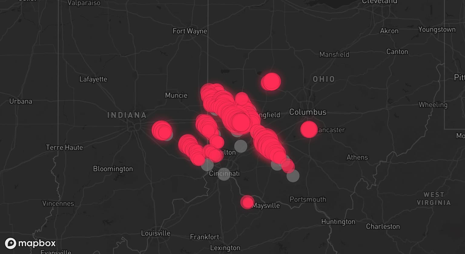Storm map for 16 areas across Ohio, Indiana, and Kentucky