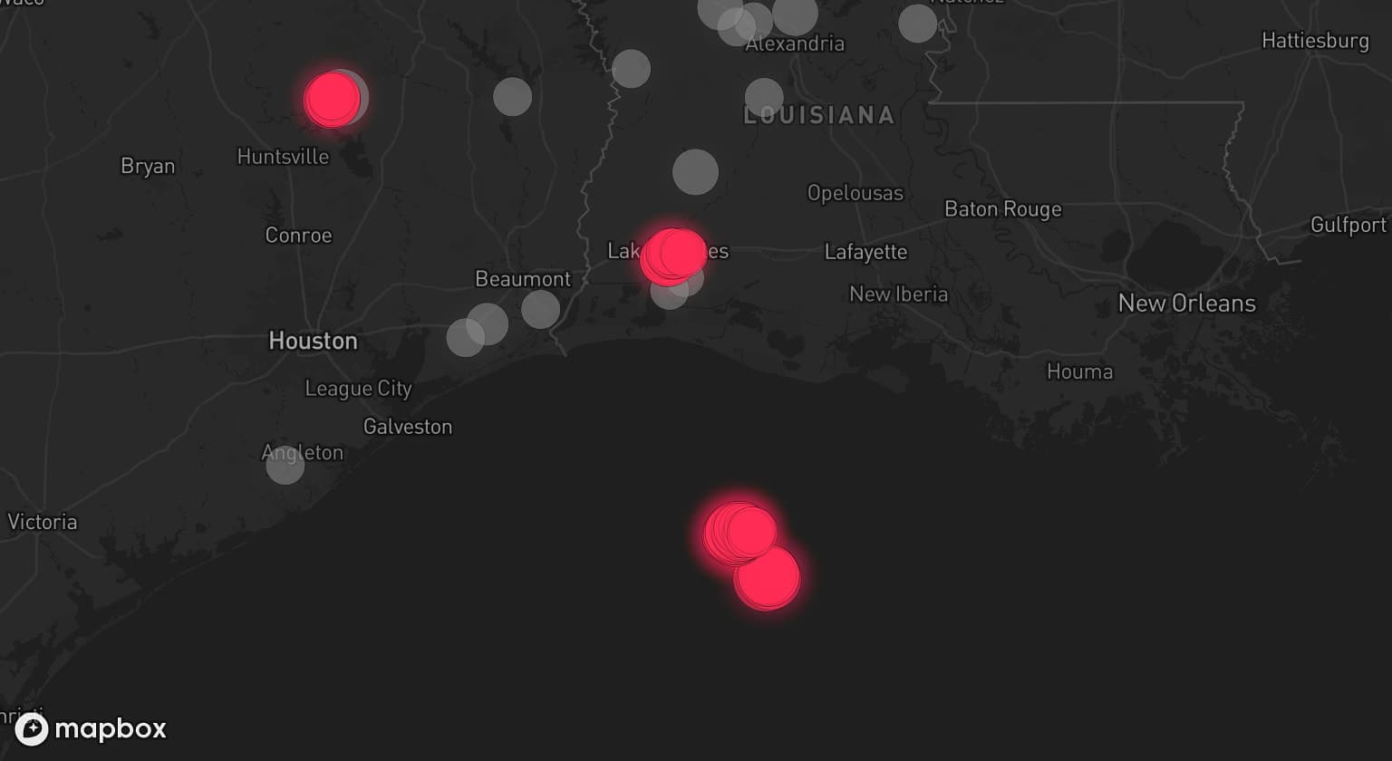 Storm map for 21 areas across Texas, Louisiana, and Mississippi