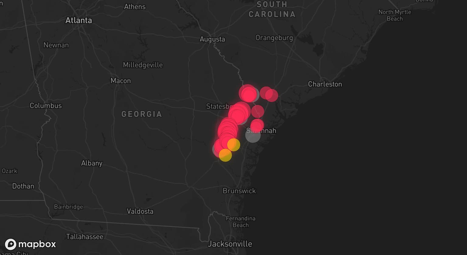 Storm map for 4 areas across Georgia and South Carolina