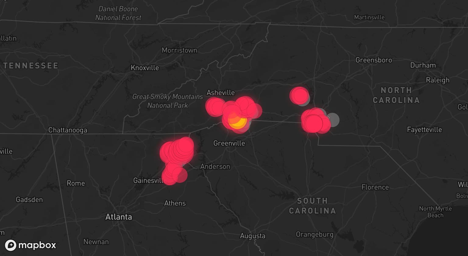 Storm map for 10 areas across North Carolina, South Carolina, and Georgia