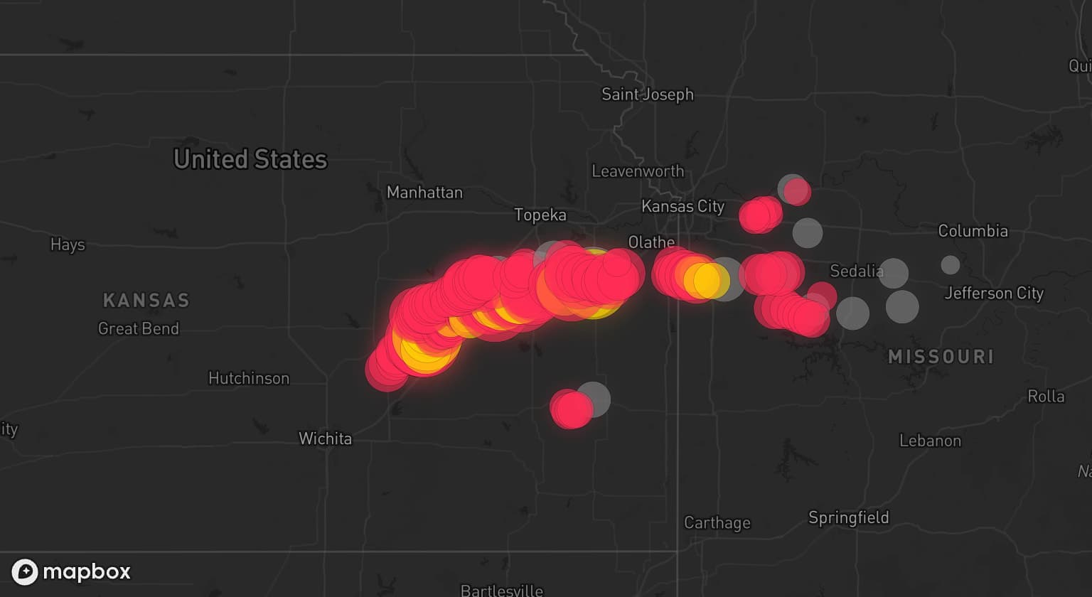 Storm map for 23 areas across Kansas and Missouri
