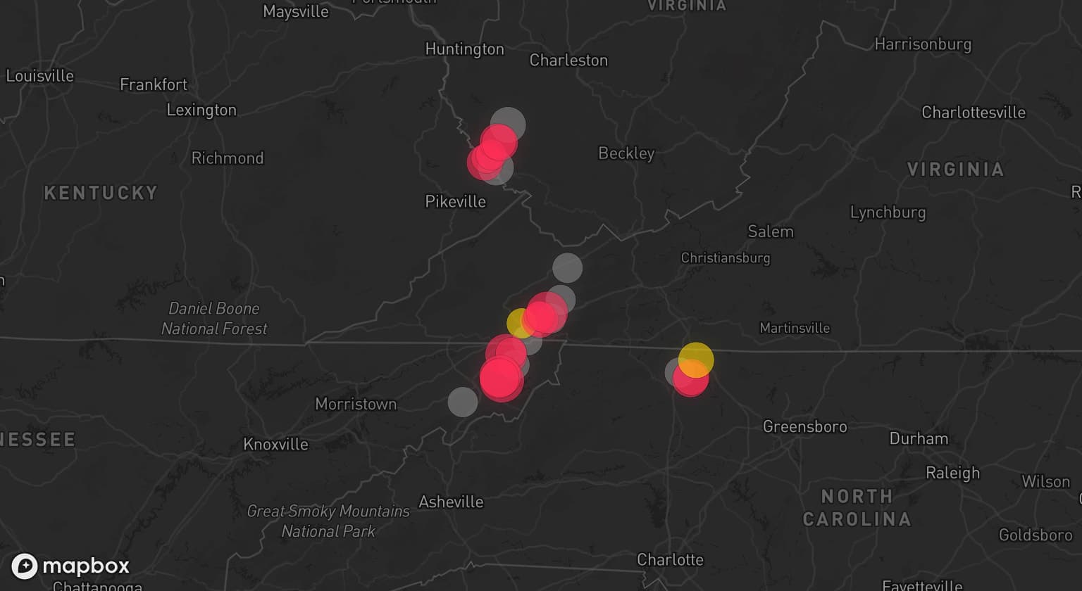 Storm map for 9 areas across West Virginia, Virginia, Tennessee, and North Carolina