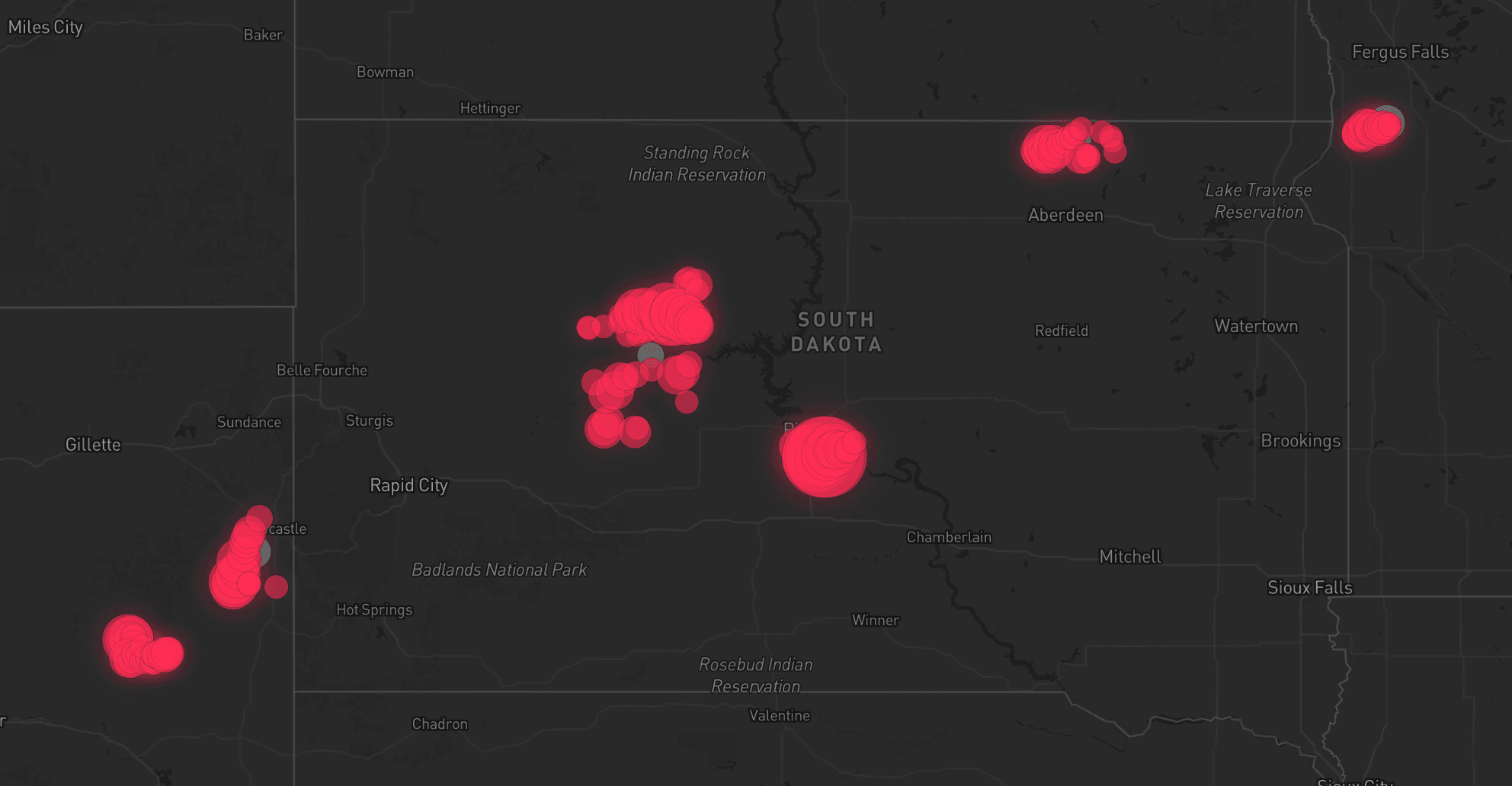 Storm map for 6 areas across South Dakota, Minnesota, and Wyoming