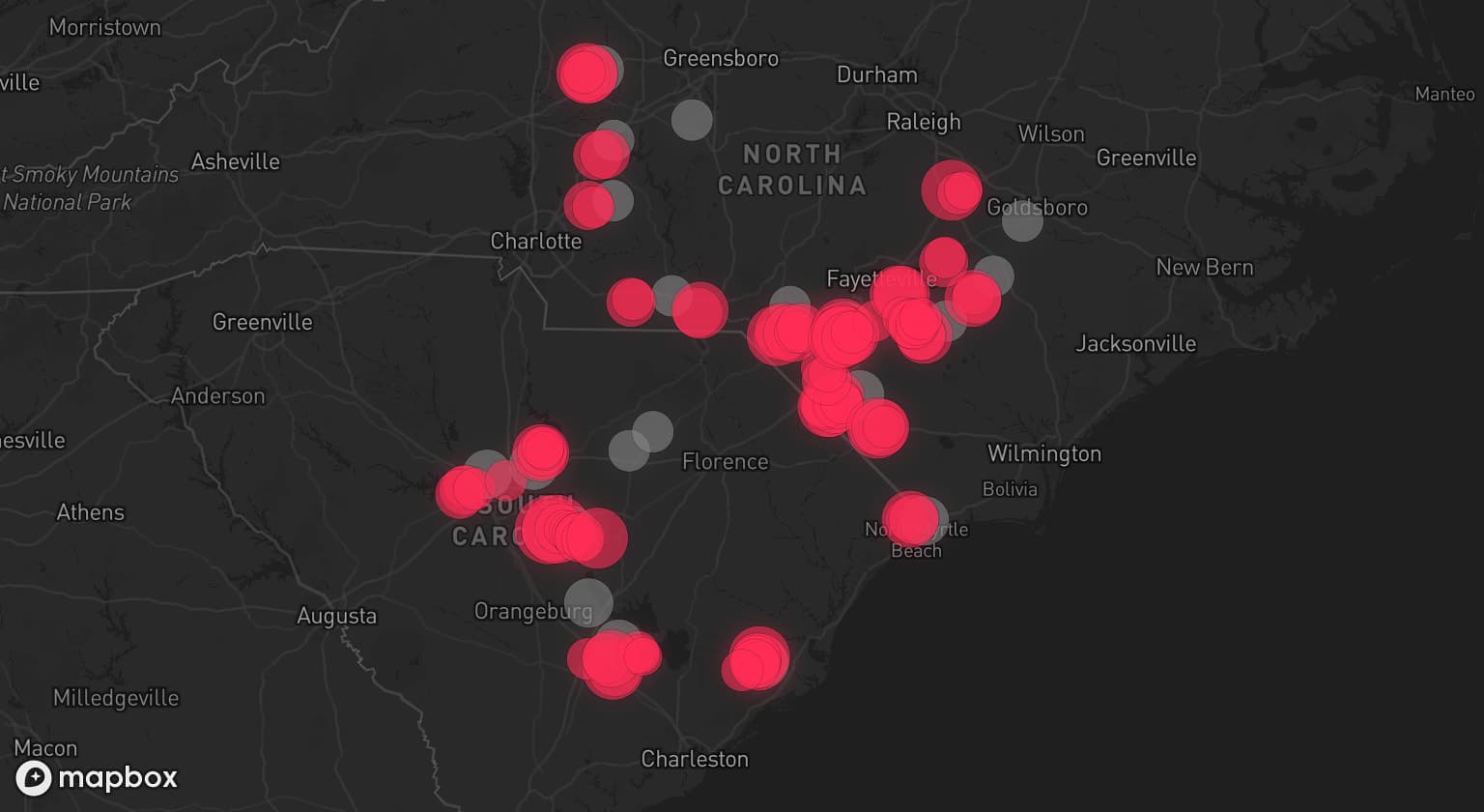 Storm map for 20 areas across North Carolina and South Carolina