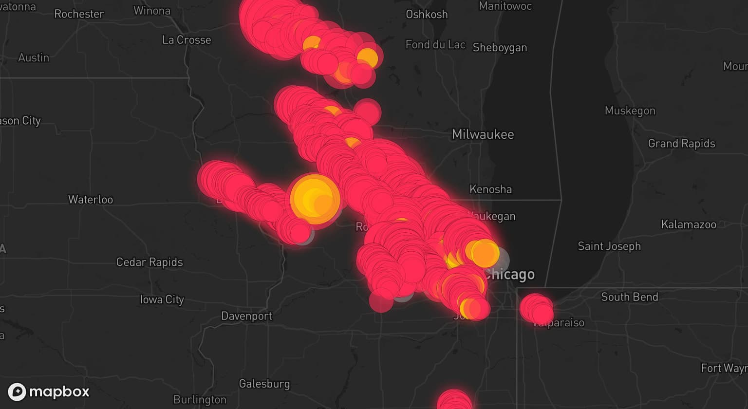Storm map for 27 areas across Wisconsin, Illinois, Indiana, and Iowa