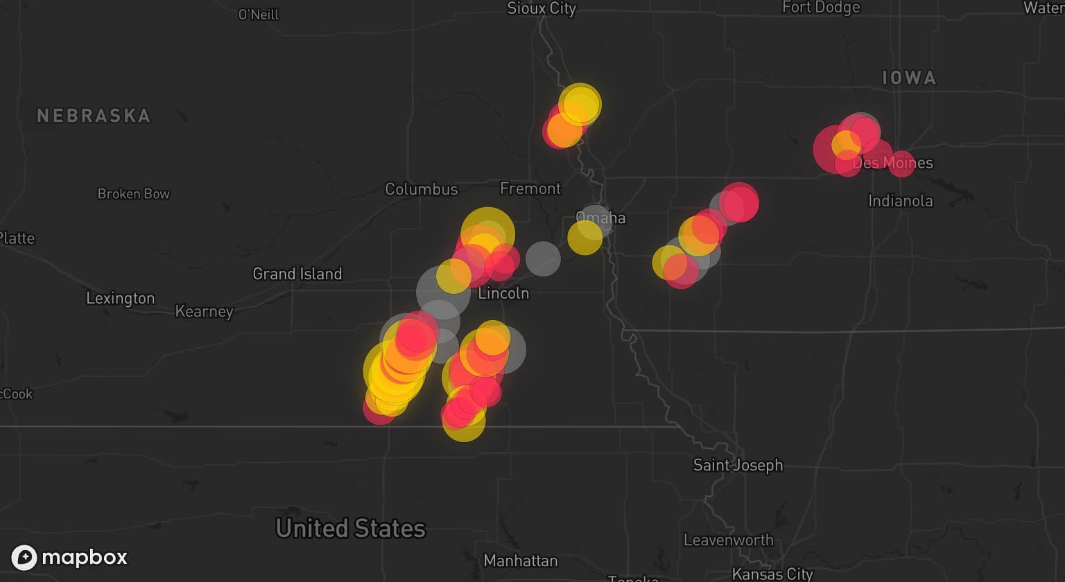 Storm map for 16 areas across Nebraska and Iowa