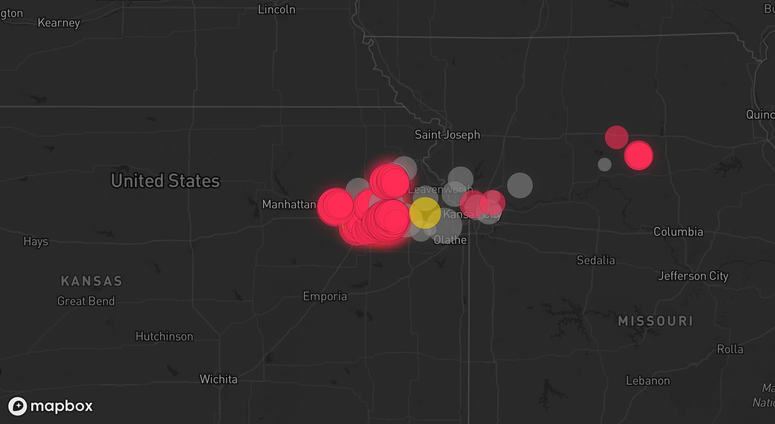 Storm map for 15 areas across Kansas and Missouri