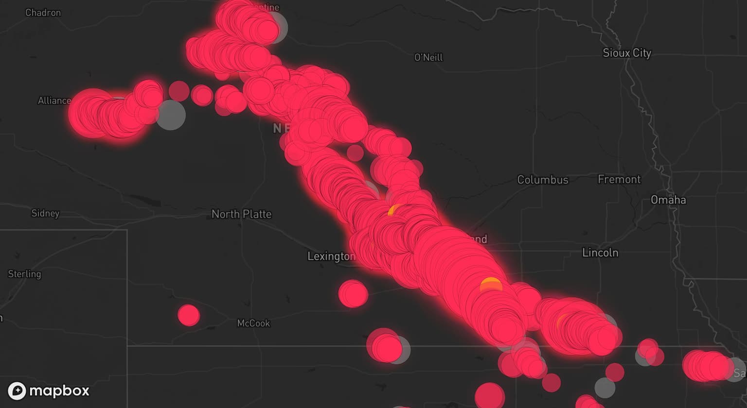 Storm map for 32 areas across Nebraska and Kansas