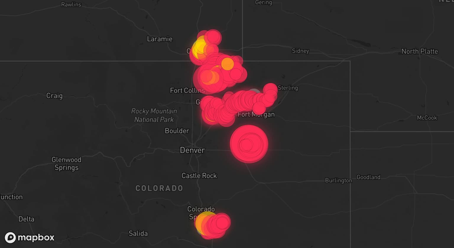Storm map for 10 areas across Colorado, Wyoming, and New Mexico