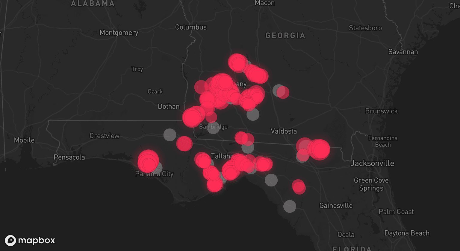 Storm map for 17 areas across Florida and Georgia